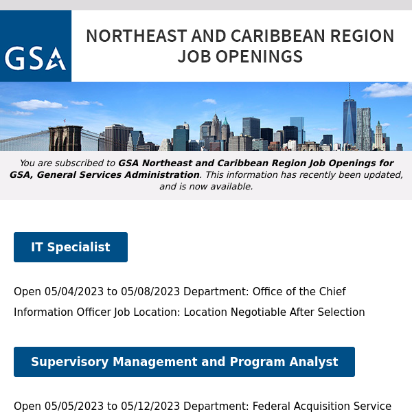 New/Current Job Opportunities in the GSA Northeast & Caribbean Region