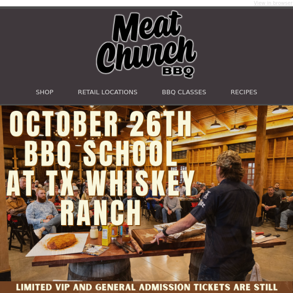 Join us for BBQ School at TX Whiskey Ranch on October 26th