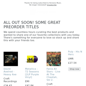 PLS PREORDER! DAVID AXELROD / PULP / EMINEM / GABOR SZABO / METALLICA / BILLY LOCKETT AND MORE!