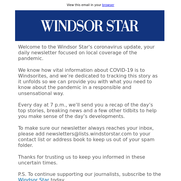 Thanks for signing up for the Windsor Star coronavirus update