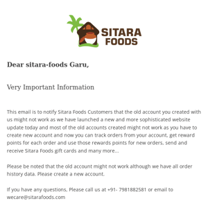 SITARA FOODS Account