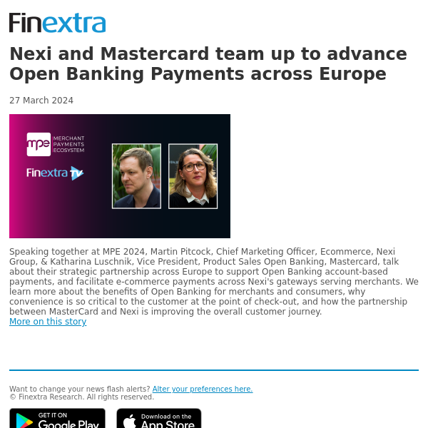 Finextra News Flash: Nexi and Mastercard team up to advance Open Banking Payments across Europe