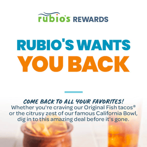 Rubios, A special offer just for you! Enjoy $10 off any entrée.