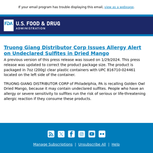 Truong Giang Distributor Corp Issues Allergy Alert on Undeclared Sulfites in Dried Mango