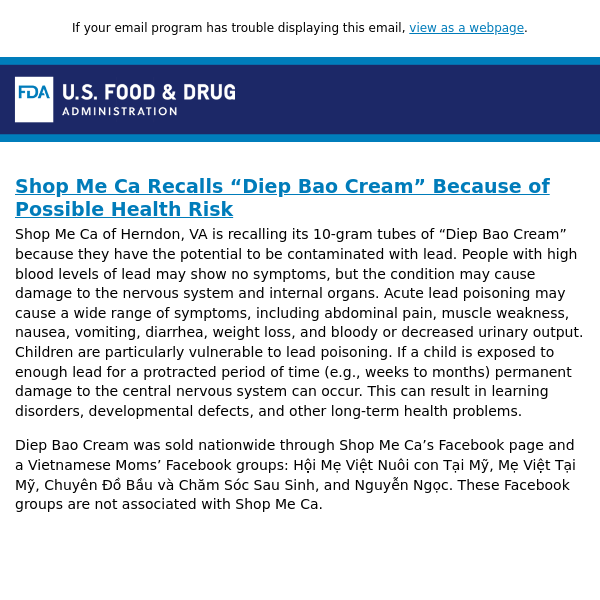 Shop Me Ca Recalls “Diep Bao Cream” Because of Possible Health Risk