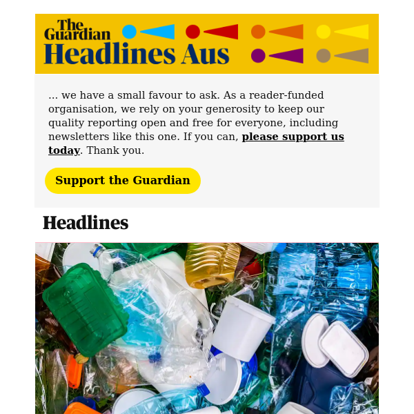 The Guardian Headlines: News live: new plastic stockpiles uncovered from failed REDcycle scheme; cold-weather snap hits south-east Australia