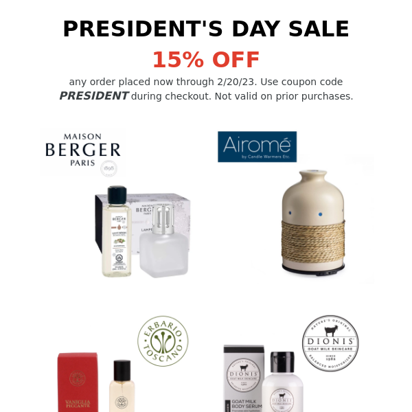 Presidents Day Sale - 15% Off Lampe Berger, Dioinis, Airome & More