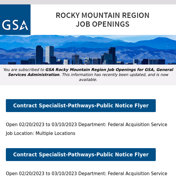 New/Current Job Opportunities in the GSA Rocky Mountain Region