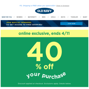 You're officially getting 40% OFF + up to 60% OFF CLEARANCE