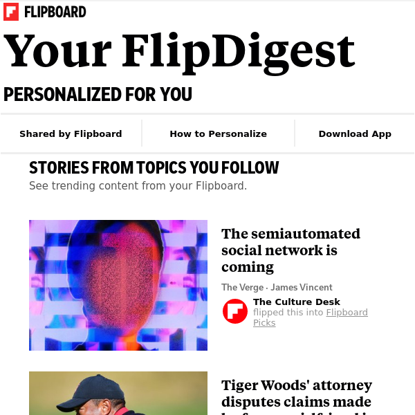 Your FlipDigest: stories from Social Networks, Tiger Woods, Weather and more