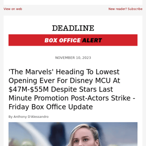 'The Marvels' Heading To Lowest Opening Ever For Disney MCU At $47M-$55M Despite Stars Last Minute Promotion Post-Actors Strike - Friday Box Office Update