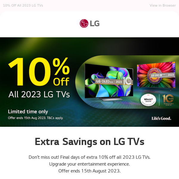 Last Chance: Extra 10% Off LG TVs Ends Tomorrow