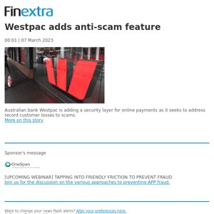 Finextra News Flash: Westpac adds anti-scam feature
