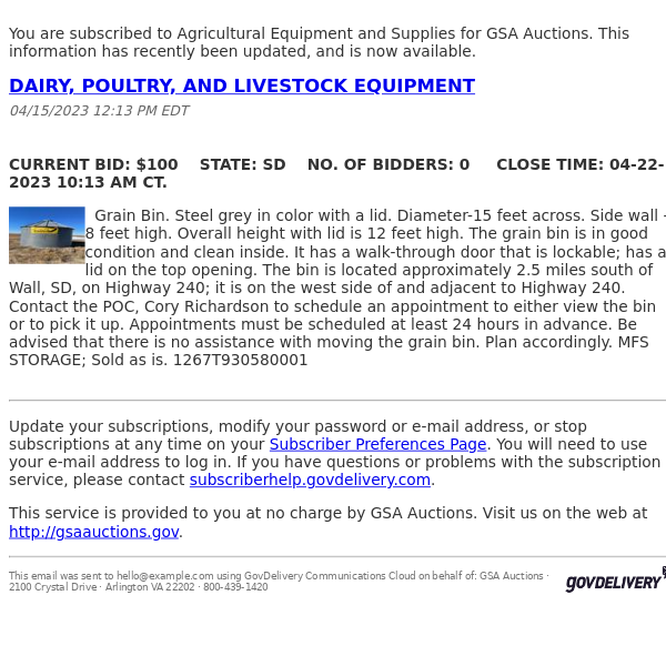 GSA Auctions Agricultural Equipment and Supplies Update