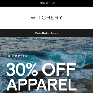 30% OFF APPAREL ENDS TODAY