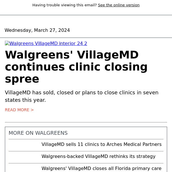 Walgreens' VillageMD closes more clinics, exits another state