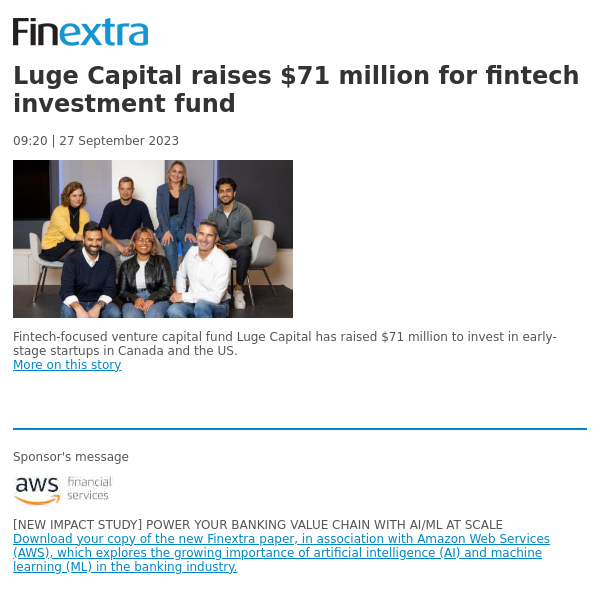 Finextra News Flash: Luge Capital raises $71 million for fintech investment fund