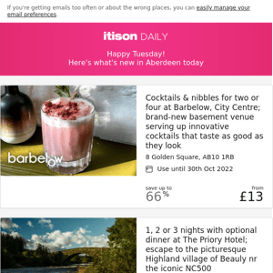 Barbelow cocktails & nibbles, City Centre; The Priory Hotel, Beauly; Aberdeen Airport parking; Radisson Red getaway, Glasgow, and 8 other deals