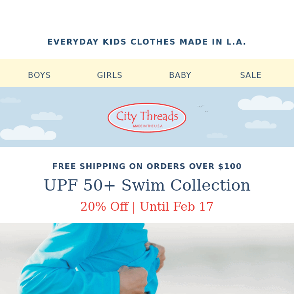 City Threads, Save 20% On UPF 50+ Swim + Up To 40% Off Fall & Winter Collection