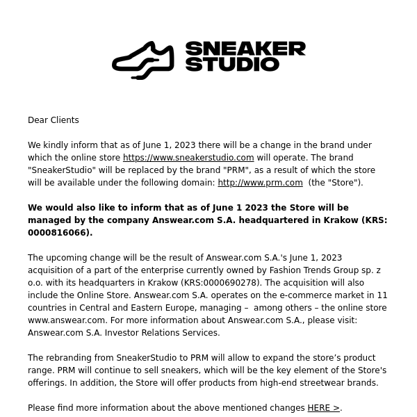 Information about the change of the https://www.sneakerstudio.com store into the http://www.prm.com store and the change of the store ownership as of June 1, 2023.