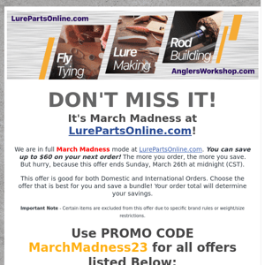 Reminder: MARCH MADNESS Sale at LurePartsOnline.com