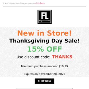 New in Store! Thanksgiving Day Sale! 15% OFF
