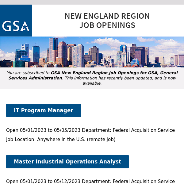 New/Current Job Opportunities in the GSA New England Region