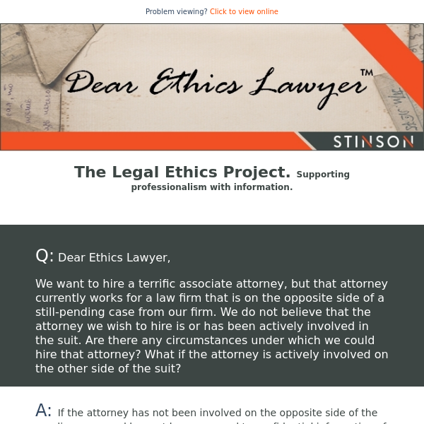 The Legal Ethics Project: Dear Ethics Lawyer, September 15 Issue