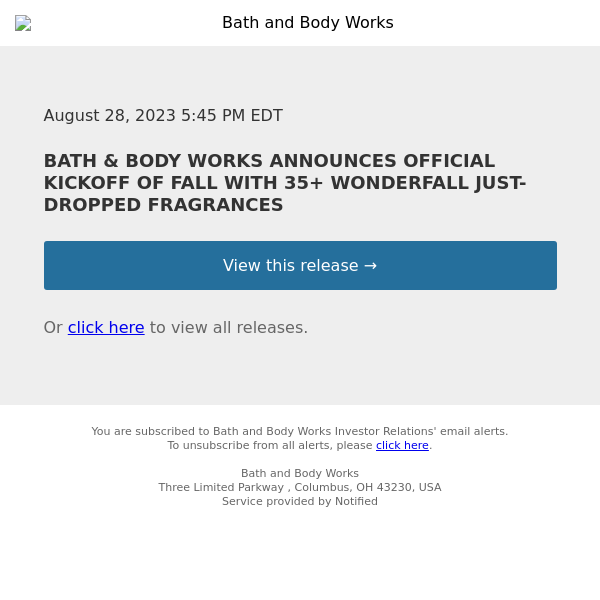 BATH & BODY WORKS ANNOUNCES OFFICIAL KICKOFF OF FALL WITH 35+ WONDERFALL JUST-DROPPED FRAGRANCES
