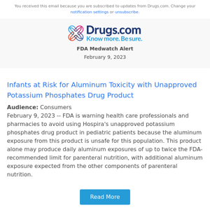 FDA Safety Alert: Infants at Risk for Aluminum Toxicity with Unapproved Potassium Phosphates Drug Product