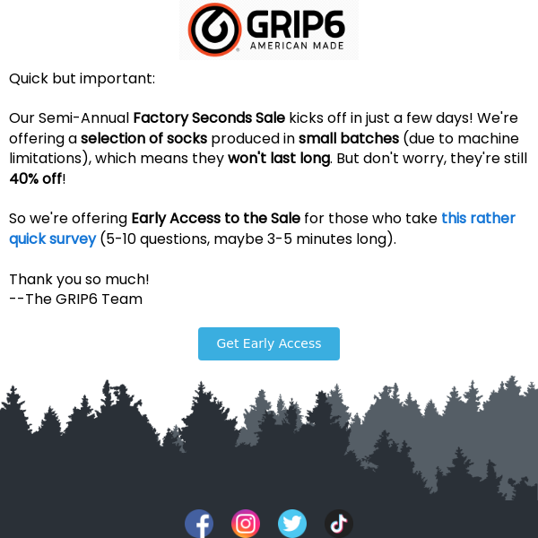 Quick Survey gives Early Access to Factory Seconds Sale!