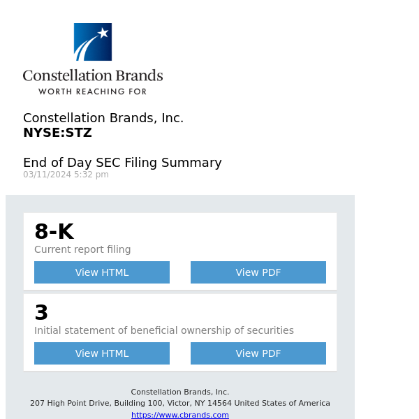 Daily SEC Filing Alert for Constellation Brands, Inc. (STZ)