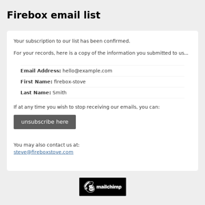 Firebox email list: Subscription Confirmed