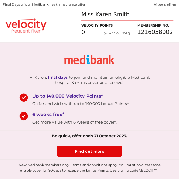 Virgin Australia, get up to 140,000 Velocity Points & 6 weeks free