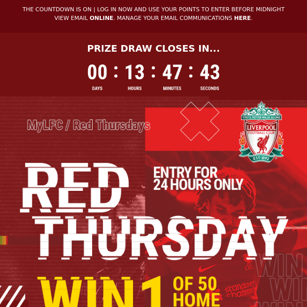 Red Thursday is here! Win 1 of 50 home shirts