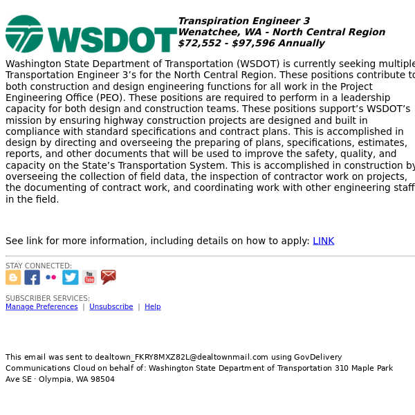 Job Opportunity: Transpiration Engineer 3 in Wenatchee, WA!