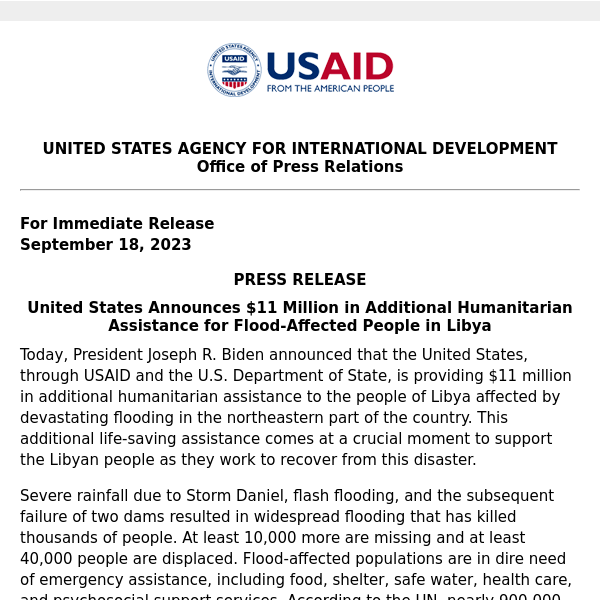 PRESS RELEASE: United States Announces $11 Million in Additional Humanitarian Assistance for Flood-Affected People in Libya