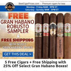 🌿 5 Free Cigars + Free Shipping with 25% Off Select Gran Habano Boxes 🌿