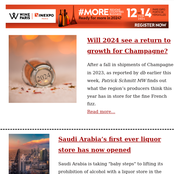 Will 2024 see a return to growth for Champagne? / Saudi Arabia's first liquor store / db's top people to watch in craft beer