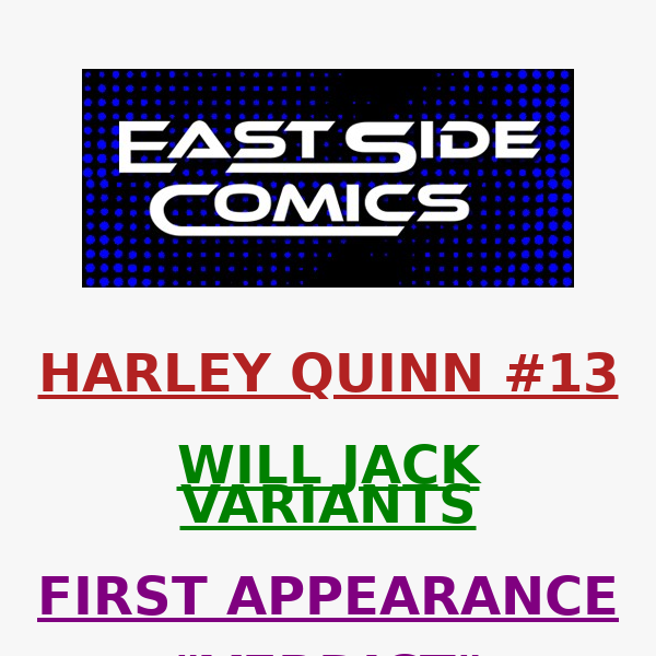 🔥 HARLEY QUINN #13 WILL JACK VIRGIN 2-PACKS SELLING FAST!🔥 VERDICT FIRST APPEARANCE - NEW VILLAIN! 🔥 AVAILABLE NOW - LIMITED QUATITIES!E