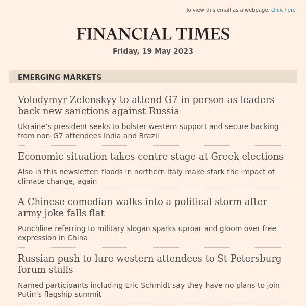 Emerging Markets: New York AM: Volodymyr Zelenskyy to attend G7 in person as leaders back new sanctions against Russia...