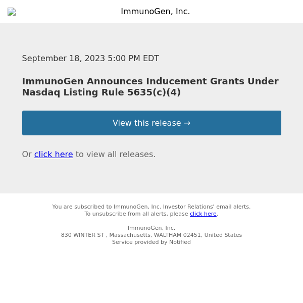 ImmunoGen Announces Inducement Grants Under Nasdaq Listing Rule 5635(c)(4)