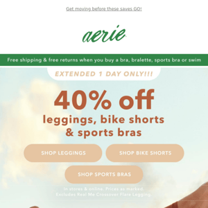 Extended 1 day only! 40% off leggings, bike shorts & sports bras