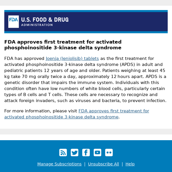 FDA approves first treatment for APDS