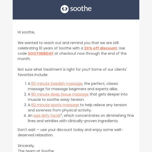 Friendly reminder: Soothe birthday discount