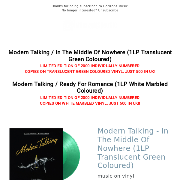 LIMITED COLOURED NUMBERED | Modern Talking - In The Middle Of Nowhere - Ready For Romance (Coloured vinyl)