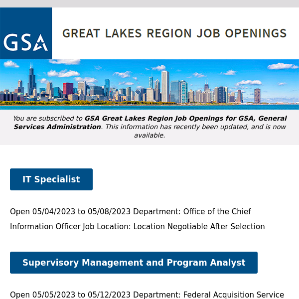 New/Current Job Opportunities in the GSA Great Lakes Region