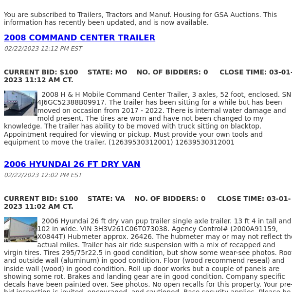 GSA Auctions Trailers, Tractors and Manuf. Housing Update