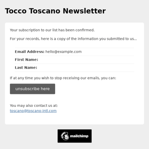 Tocco Toscano Newsletter: Subscription Confirmed