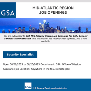 New/Current Job Opportunities in the GSA Mid-Atlantic Region